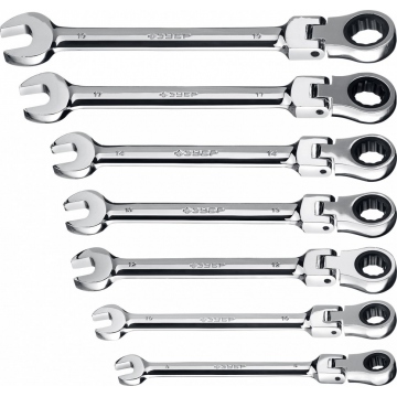 Набор комбинированных гаечных ключей ЗУБР трещоточных шарнирных 7 шт 8 - 19 мм